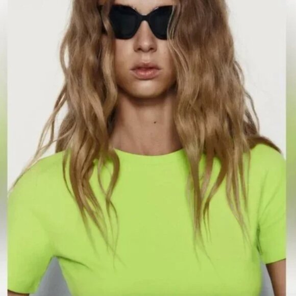 NWT ZARA CROPPED STRETCH T-SHIRT LIME GREEN - Picture 4 of 7